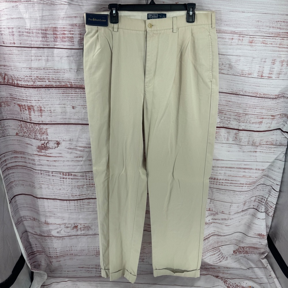 Polo Ralph Lauren Hammond Pants Mens 35x32 Khaki Tan Pleated Cuffed Vintage NEW